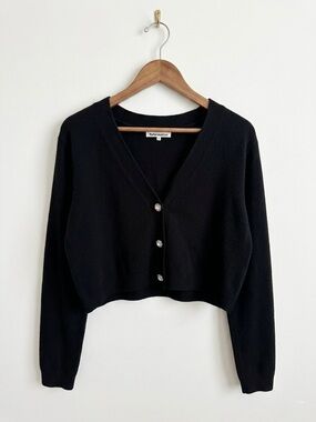Reformation Black Cropped V-Neck Cardigan with Rhinestone Buttons